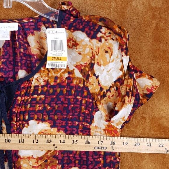 CHARTER CLUB Womens Top Small Tan Floral Button Up Shirt Silky Blouse - Picture 6 of 8